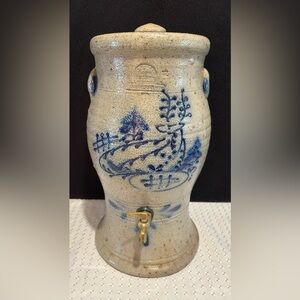 Rowe Pottery Works 1 Piece Salt Glazed Water Cooler 14" Brass Spigot & Lid 1985